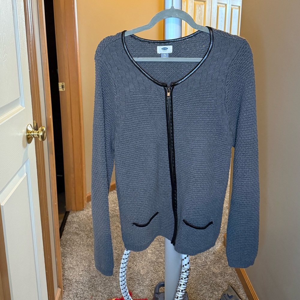 Old Navy Grey Zip Cardigan with Faux Leather Trim
